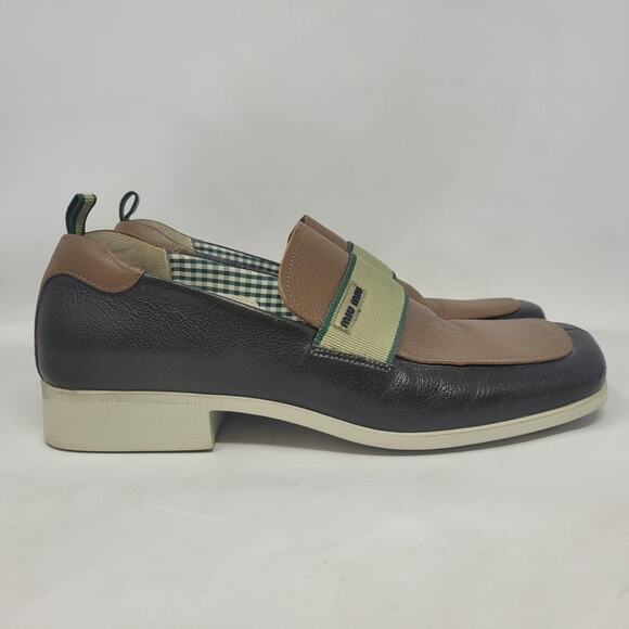 Miu Miu Shoes Mens 6.5 Brown Green Leather Colorblock Loafers Slip On Sporty main image 8
